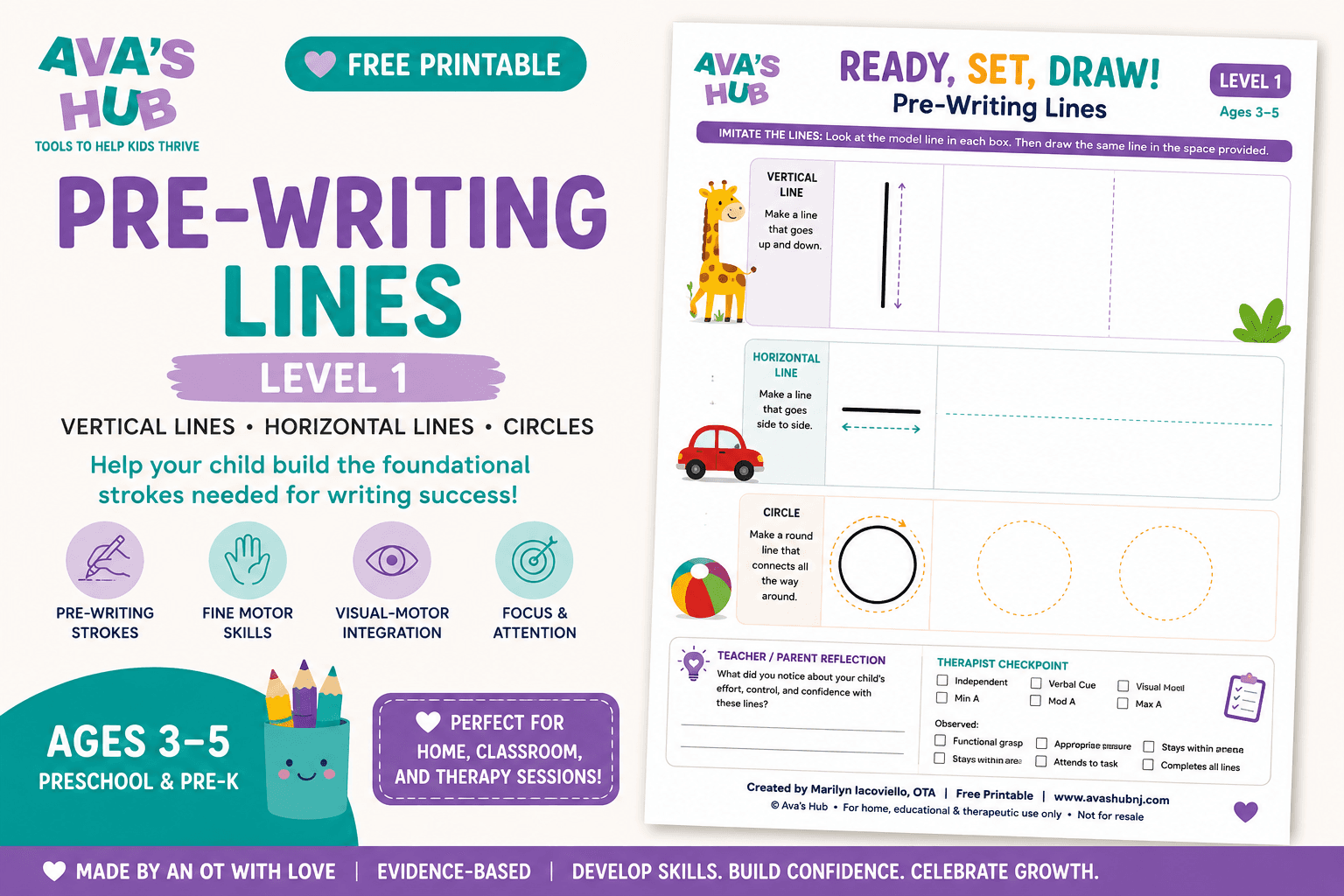 Free Pre-Writing Lines Printable for Preschool | OT Fine Motor & Visual-Motor Worksheet Ages 3–5 Level 1